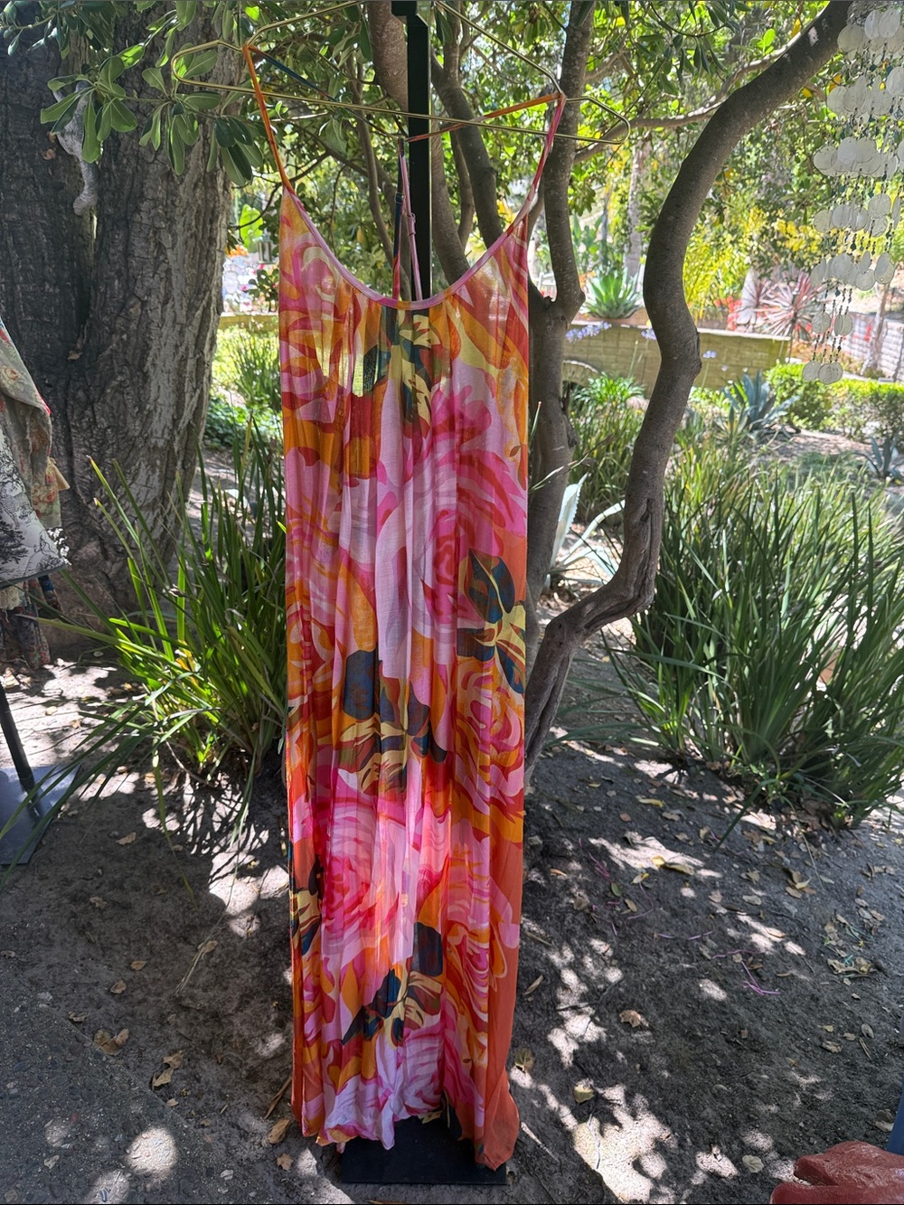 Floral Pink & Orange Maxi Dress with Thin Straps